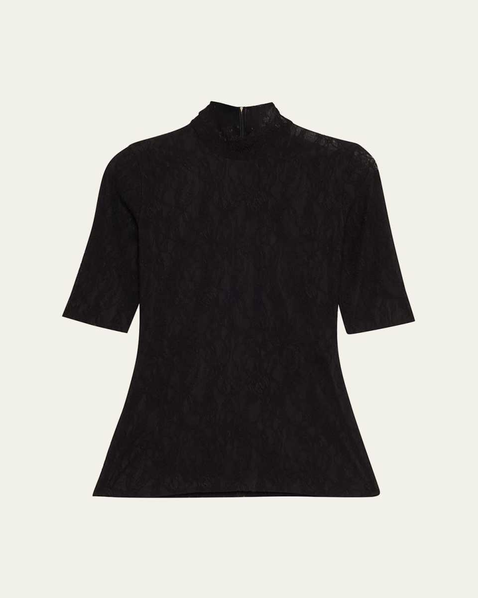 Mock-Neck Stretch Lace Short-Sleeve Top